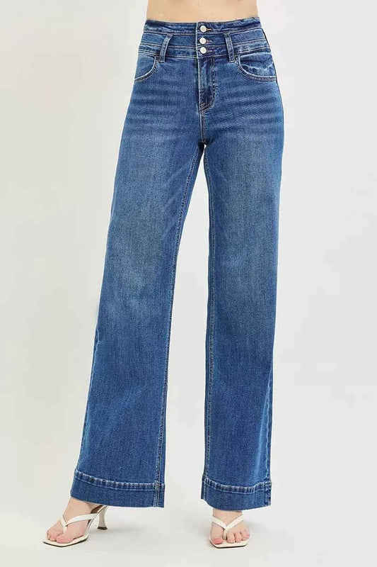 Dark Wash High Rise Wide Leg Wide Band Detail Jeans by Risen