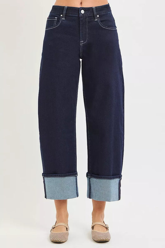 Dark Wash Slouchy Crop Barrel Cuffed Hem Jeans by Risen