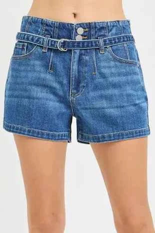 Dark Wash Slouchy Denim Shorts with Belt by Risen