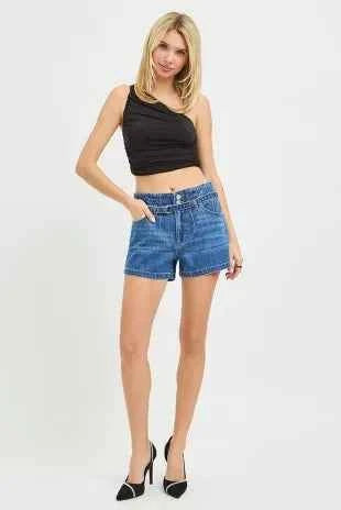 Dark Wash Slouchy Denim Shorts with Belt by Risen