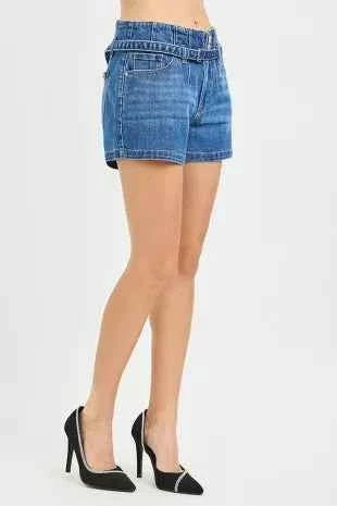 Dark Wash Slouchy Denim Shorts with Belt by Risen