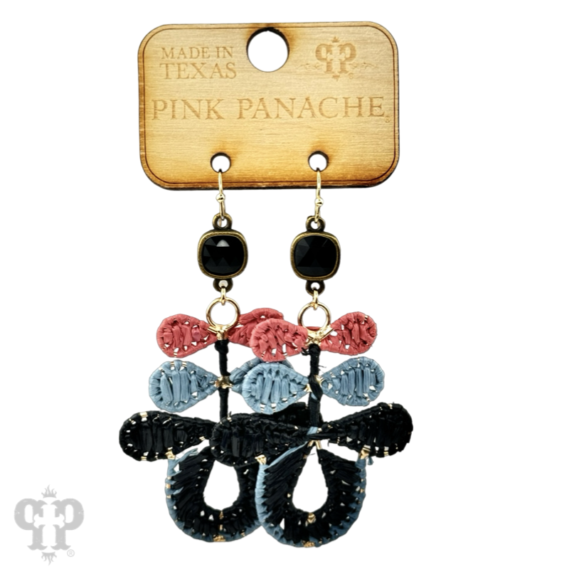 Three bow raffia dangle earring, Austrian crystal - LC