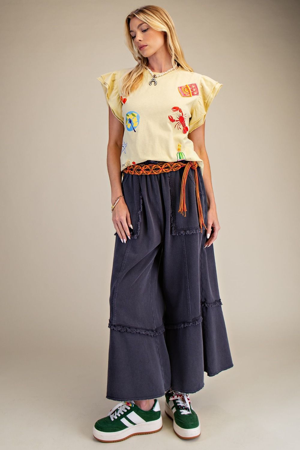 E17 Easel Wide Leg Mineral Washed Black Terry Pants Patch Pockets Frayed Hem Plus Size