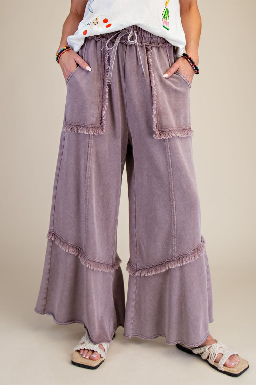 E18 Easel Wide Leg Mineral Washed Mocha Terry Pants Patch Pockets Frayed Hem Plus Size