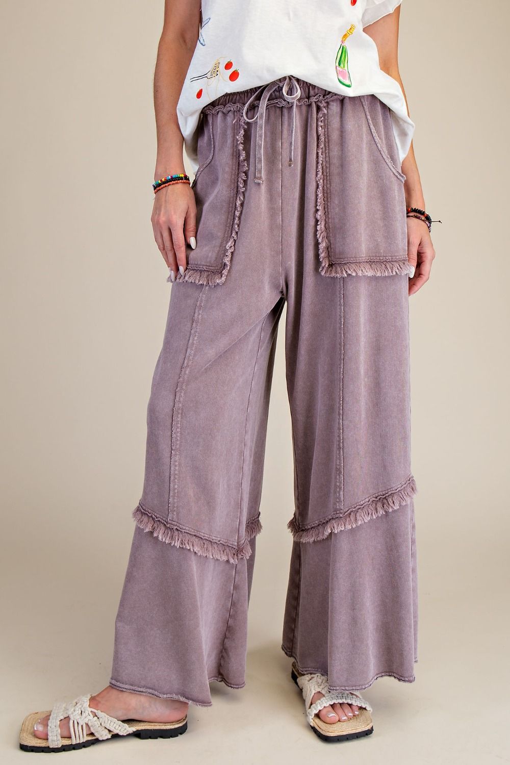 E18 Easel Wide Leg Mineral Washed Mocha Terry Pants Patch Pockets Frayed Hem Plus Size