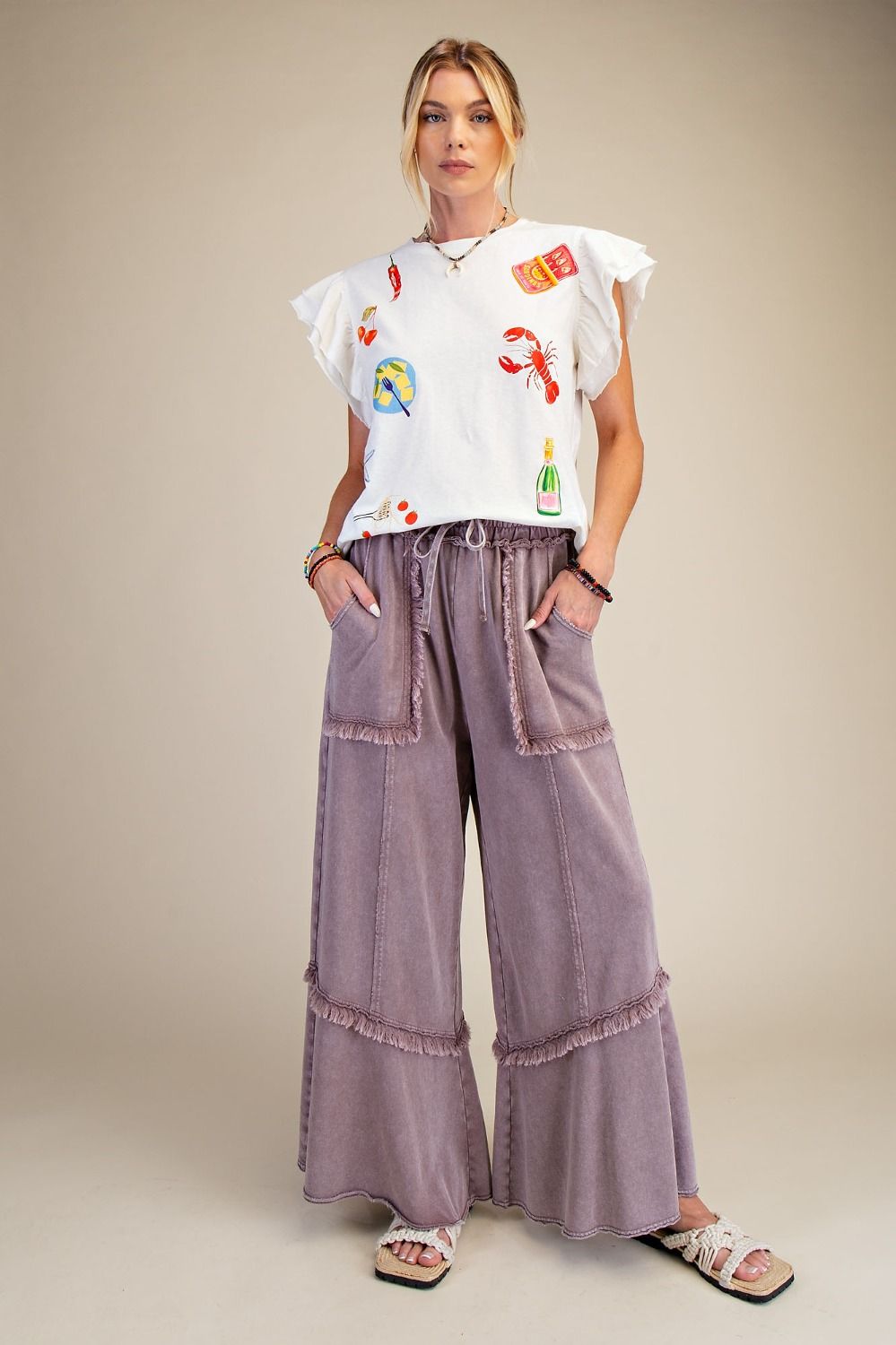 E18 Easel Wide Leg Mineral Washed Mocha Terry Pants Patch Pockets Frayed Hem Plus Size