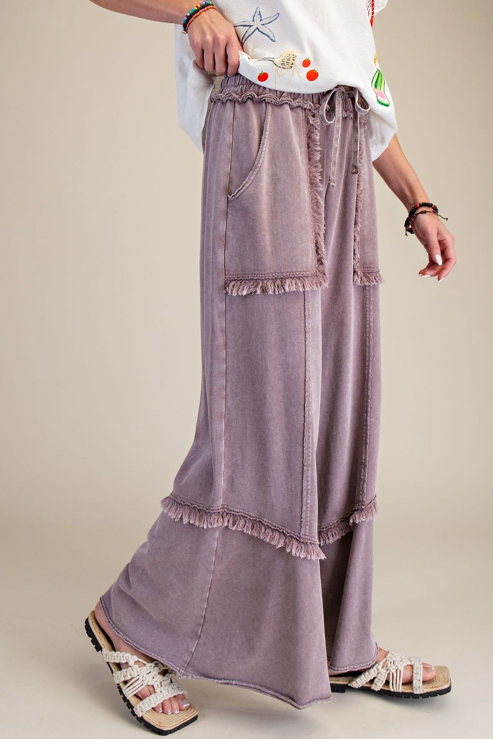 E18 Easel Wide Leg Mineral Washed Mocha Terry Pants Patch Pockets Frayed Hem Plus Size