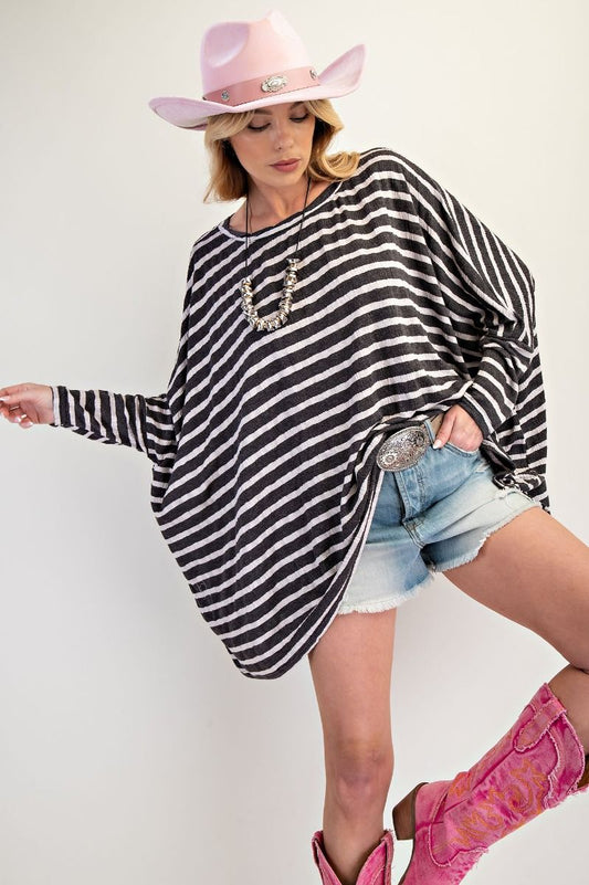 E23 Easel Dark Gray and White Oversized Stripe Top Plus Size