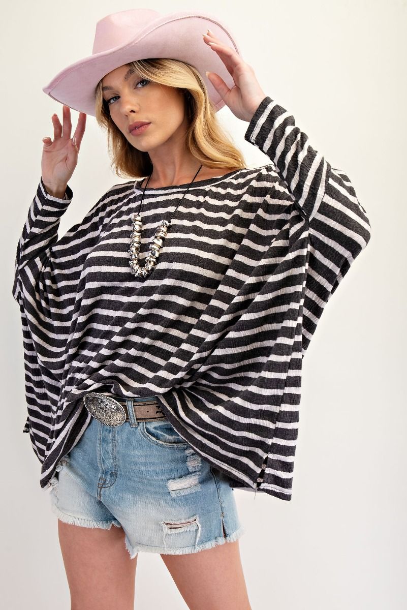 E23 Easel Dark Gray and White Oversized Stripe Top Plus Size