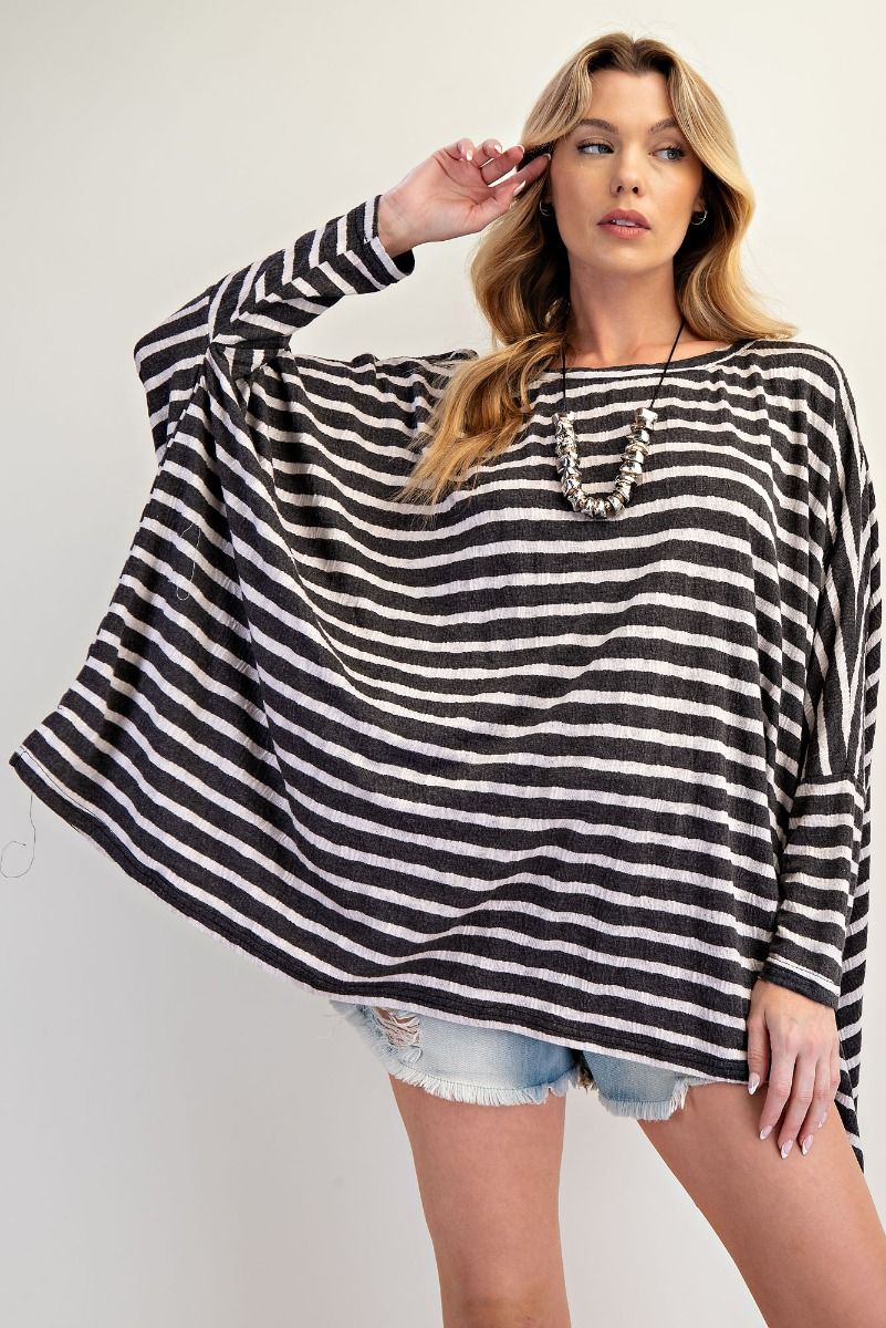 E23 Easel Dark Gray and White Oversized Stripe Top Plus Size