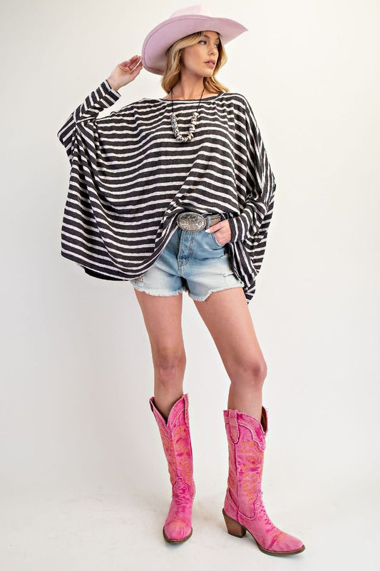 E23 Easel Dark Gray and White Oversized Stripe Top Plus Size