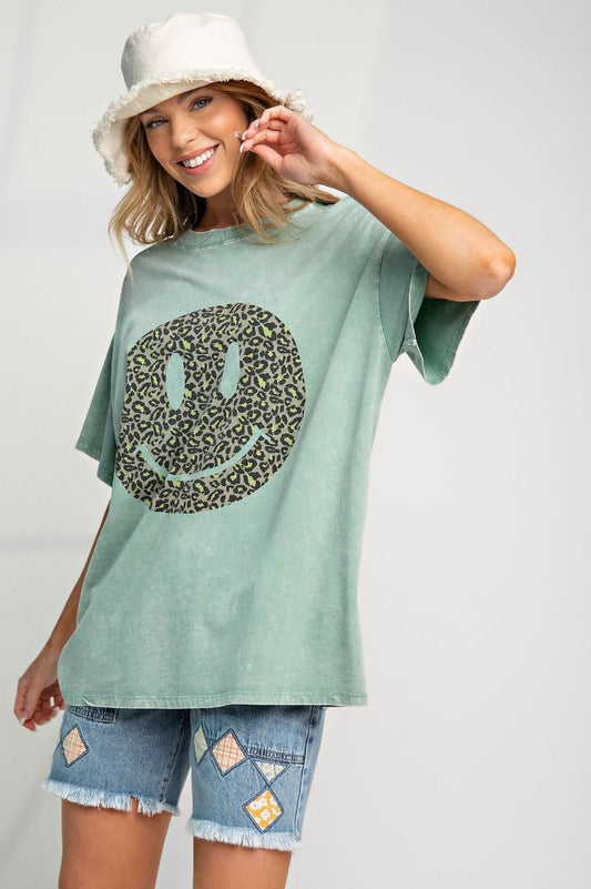 E25 Easel Sage Happy Face Washed Cotton Top Plus Size