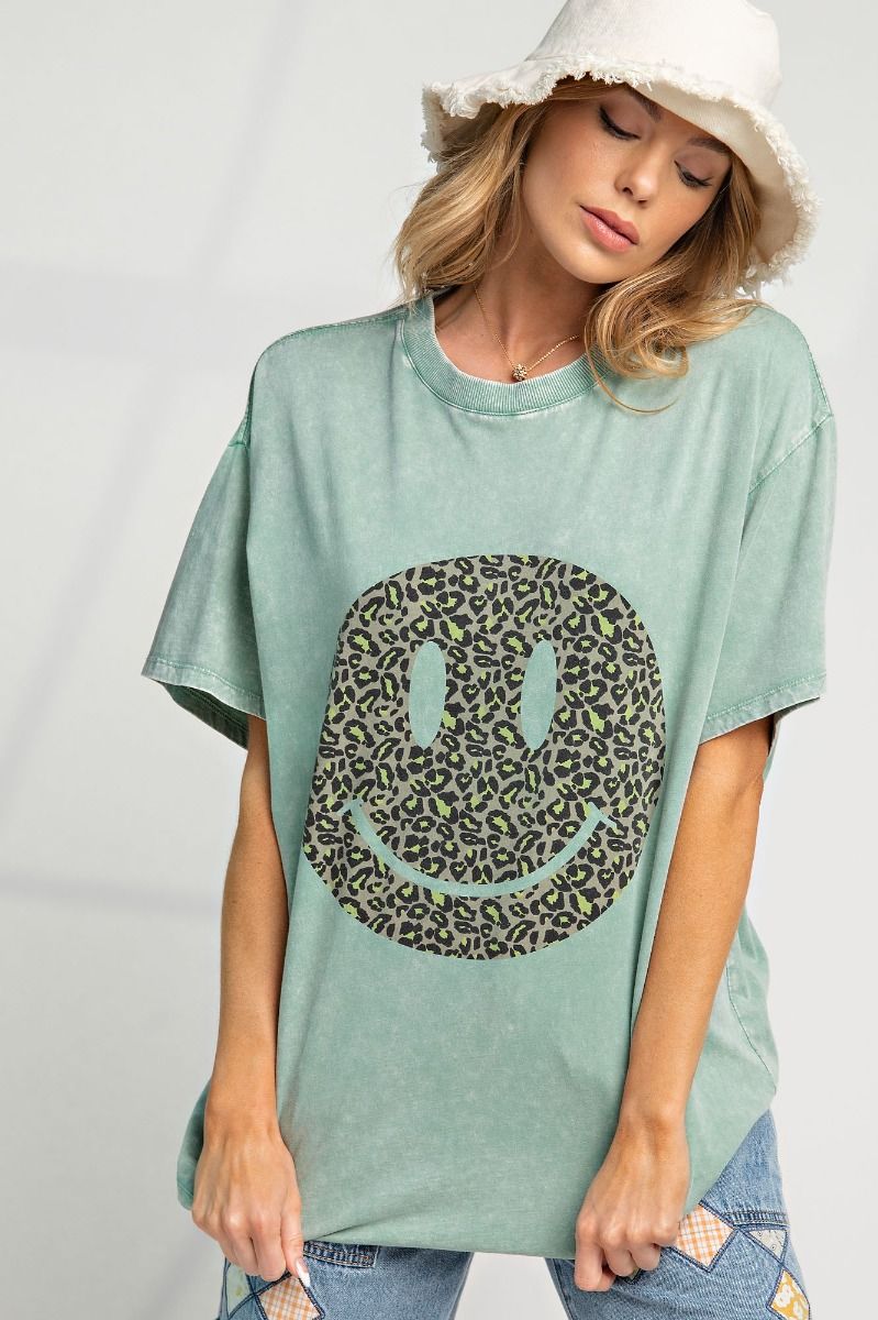 E25 Easel Sage Happy Face Washed Cotton Top Plus Size
