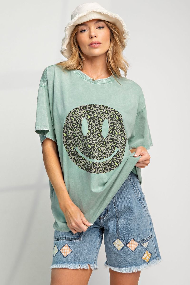 E25 Easel Sage Happy Face Washed Cotton Top Plus Size