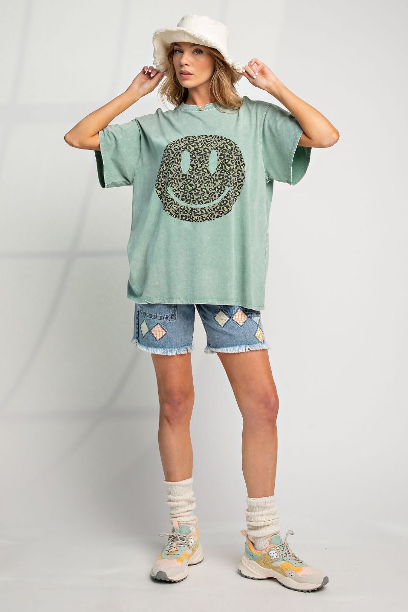 E25 Easel Sage Happy Face Washed Cotton Top Plus Size