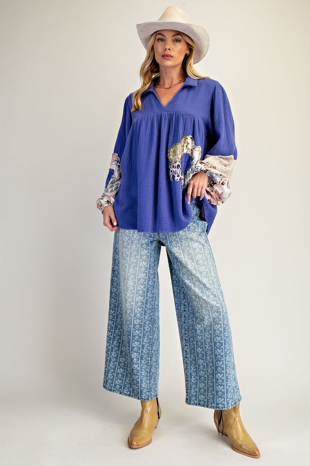 E26 Easel Royal Blue Flower Patch Detail Washed Cotten Gauze Tunic Regular & Plus Size