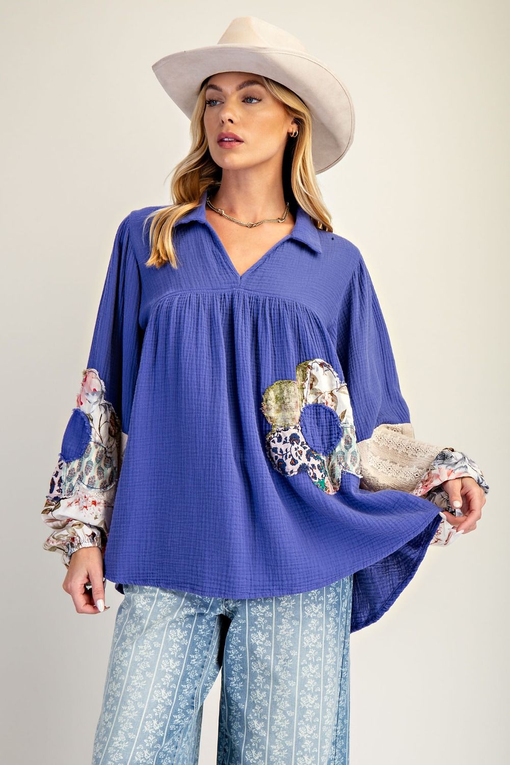E26 Easel Royal Blue Flower Patch Detail Washed Cotten Gauze Tunic Regular & Plus Size