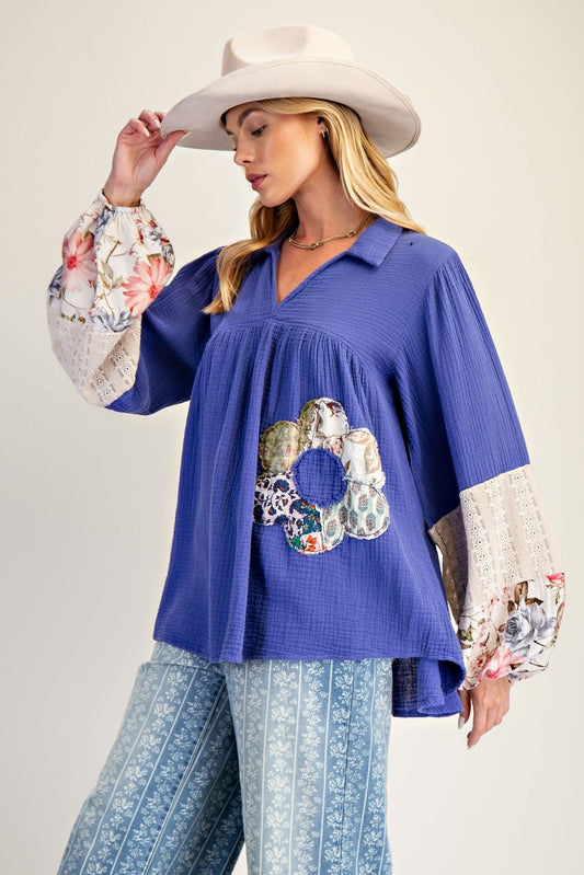 E26 Easel Royal Blue Flower Patch Detail Washed Cotten Gauze Tunic Regular & Plus Size