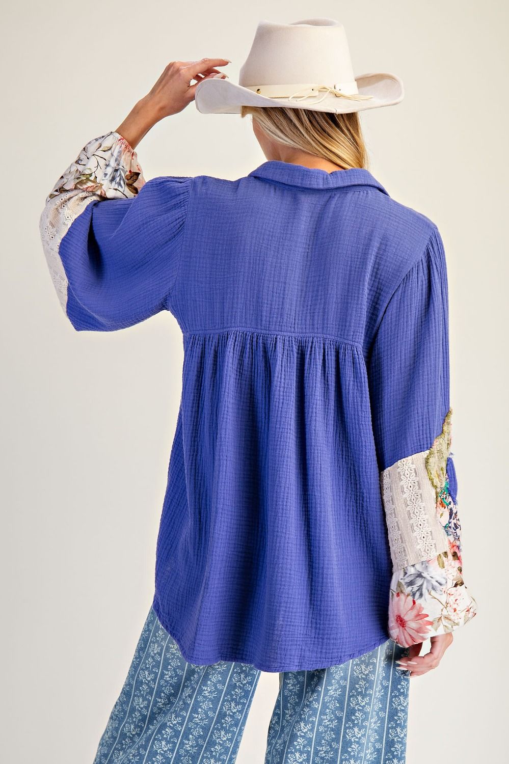 E26 Easel Royal Blue Flower Patch Detail Washed Cotten Gauze Tunic Regular & Plus Size
