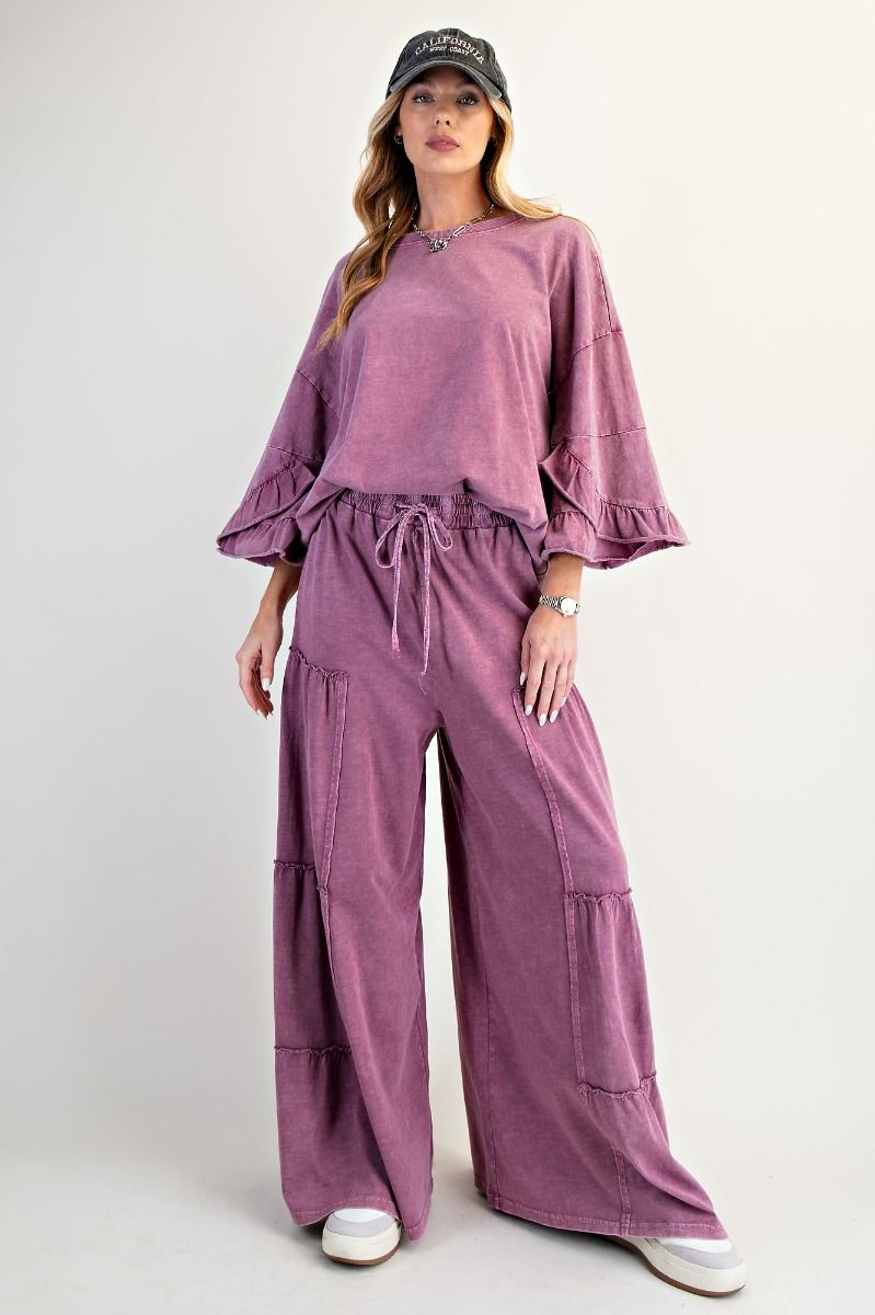 E28 Easel Raspberry Ruffle Sleeve Mineral Washed Slub Top Oversized