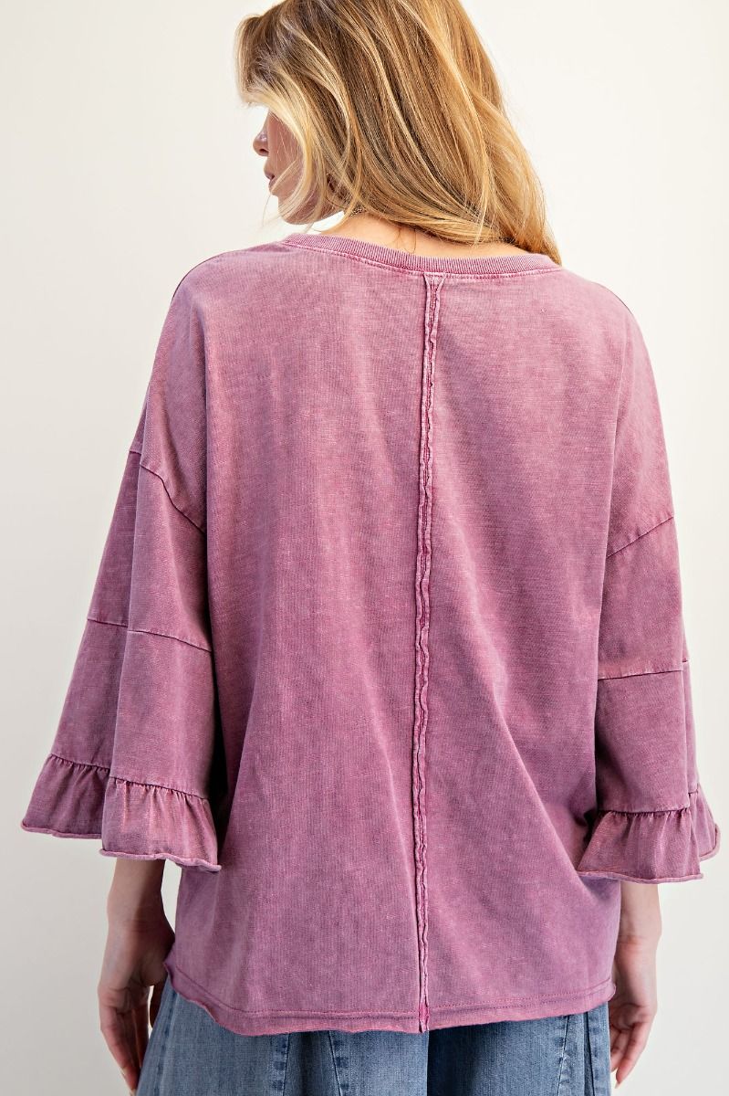 E28 Easel Raspberry Ruffle Sleeve Mineral Washed Slub Top Oversized