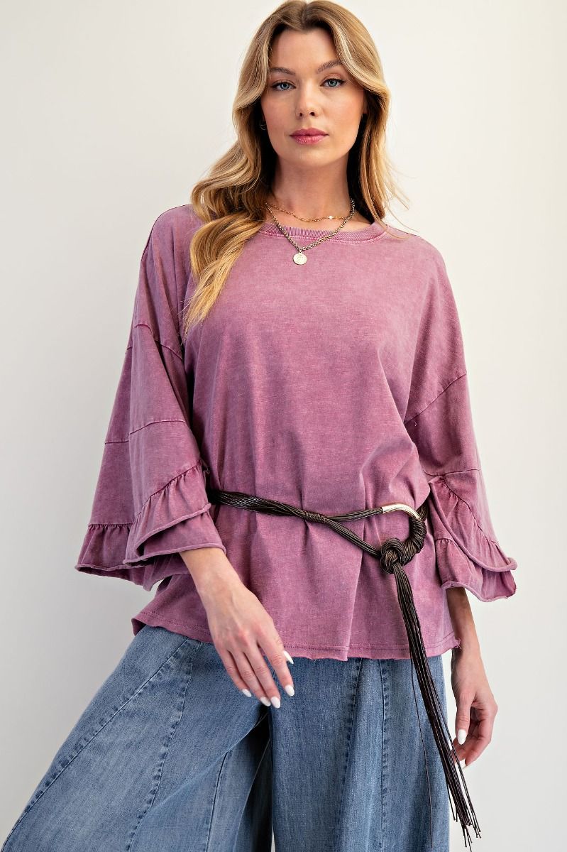 E28 Easel Raspberry Ruffle Sleeve Mineral Washed Slub Top Oversized