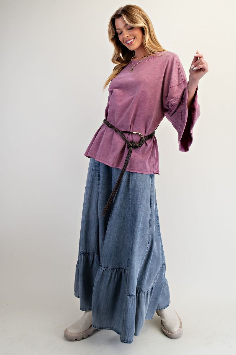 E28 Easel Raspberry Ruffle Sleeve Mineral Washed Slub Top Oversized