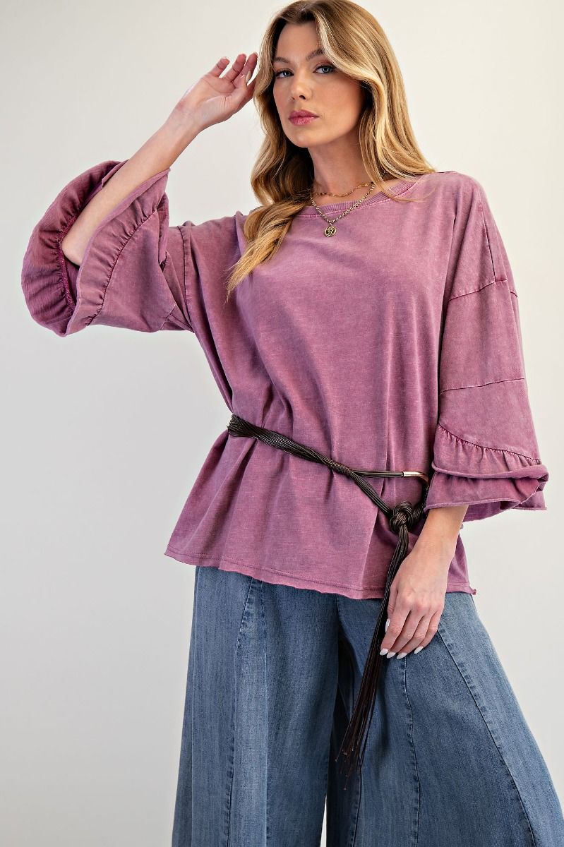 E28 Easel Raspberry Ruffle Sleeve Mineral Washed Slub Top Oversized