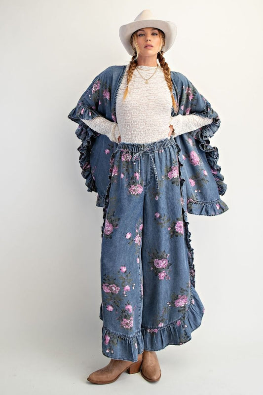 E29 Easel Dark Wash Floral Printed Chambray Loose Fit Pants Plus Size