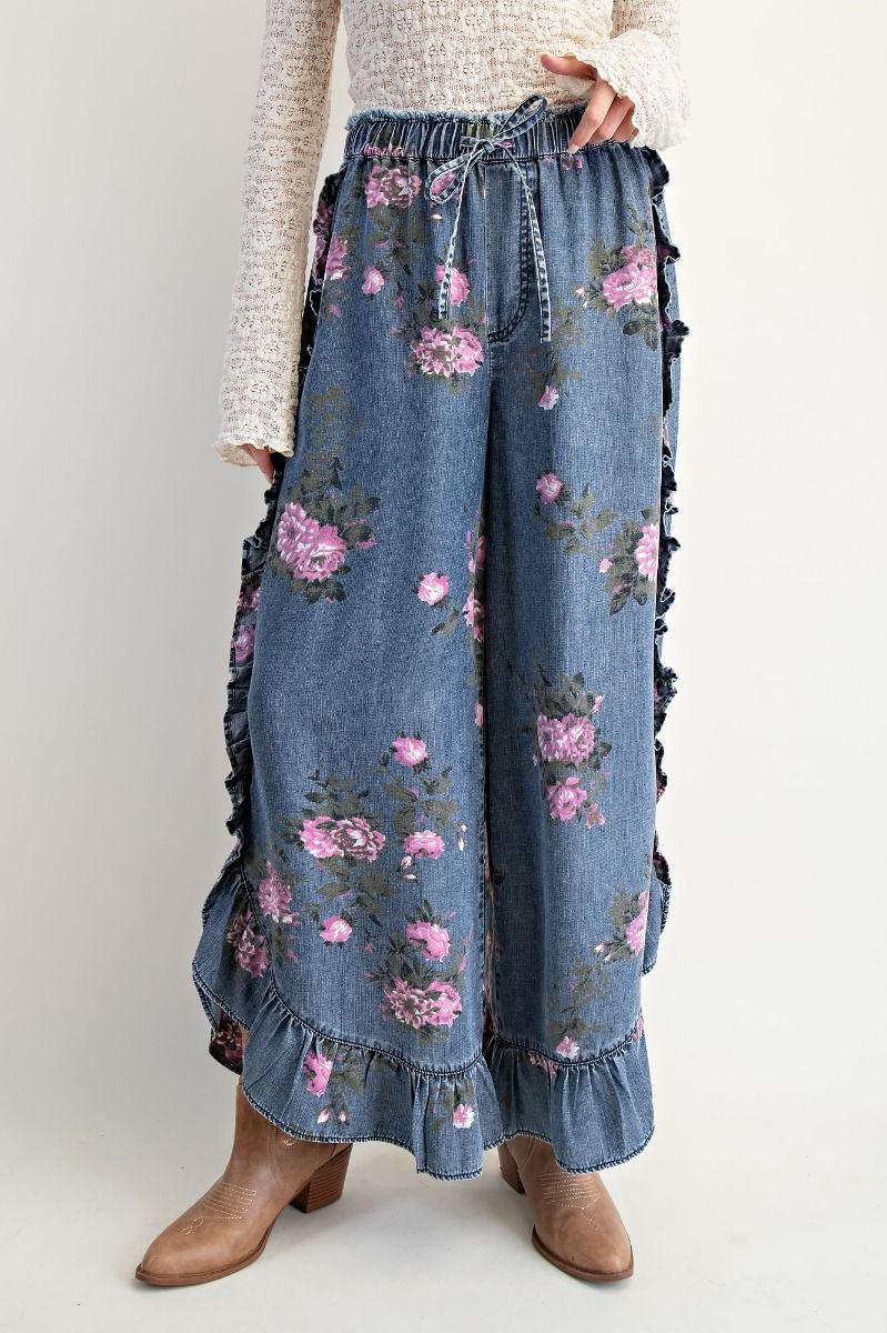 E29 Easel Dark Wash Floral Printed Chambray Loose Fit Pants Plus Size