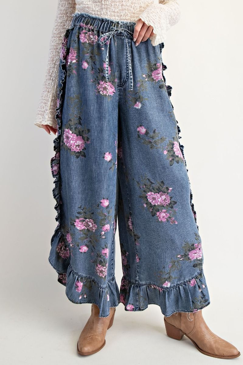 E29 Easel Dark Wash Floral Printed Chambray Loose Fit Pants Plus Size