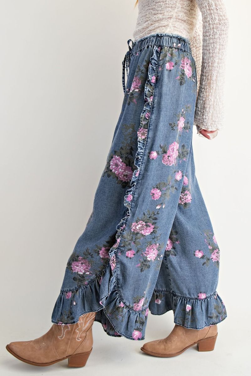 E29 Easel Dark Wash Floral Printed Chambray Loose Fit Pants Plus Size