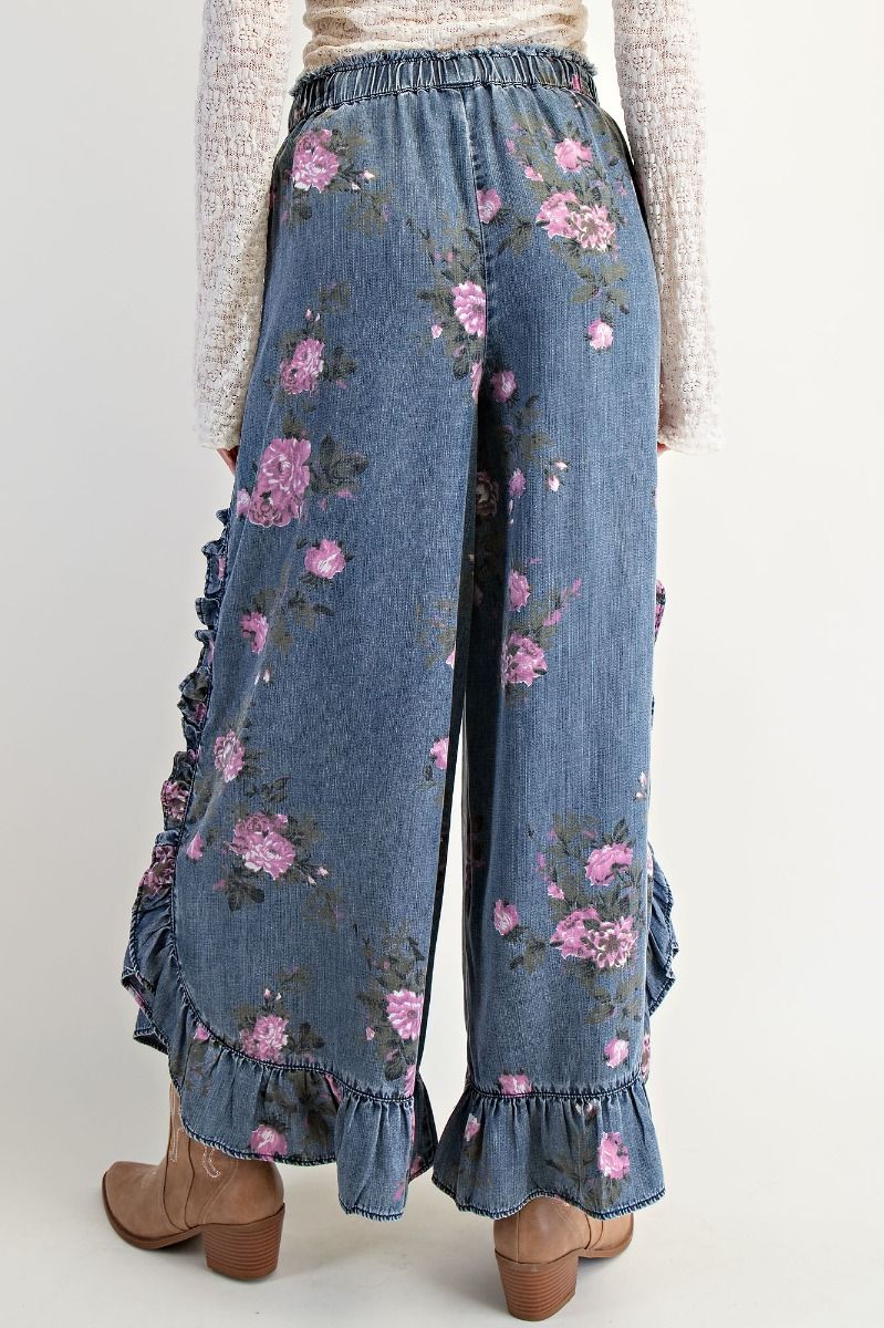 E29 Easel Dark Wash Floral Printed Chambray Loose Fit Pants Plus Size