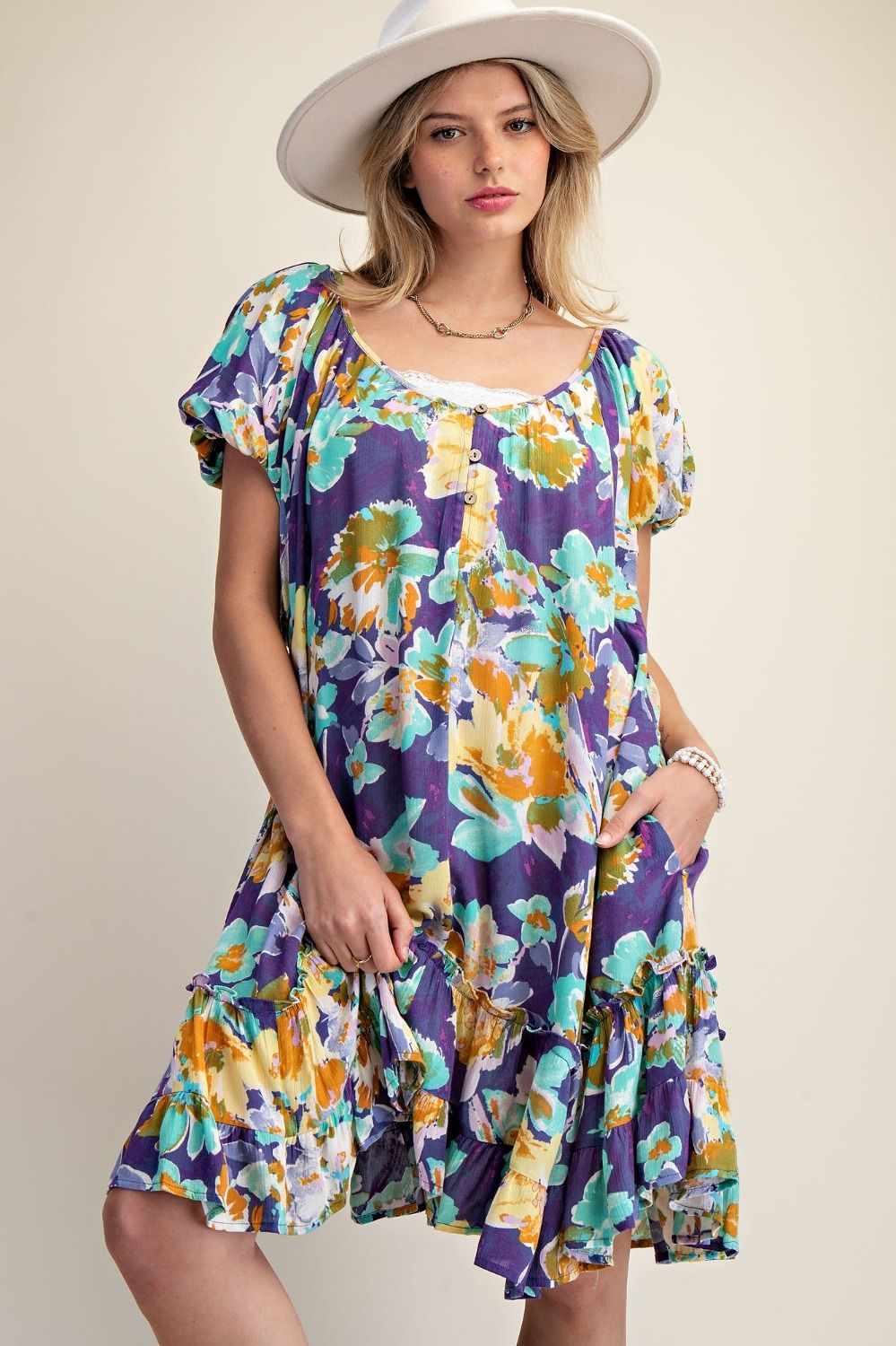 E30 Easel Floral Midnight Blue Rayon Gauze Ruffle Bottom Dress