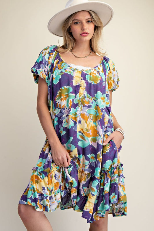 E30 Easel Floral Midnight Blue Rayon Gauze Ruffle Bottom Dress