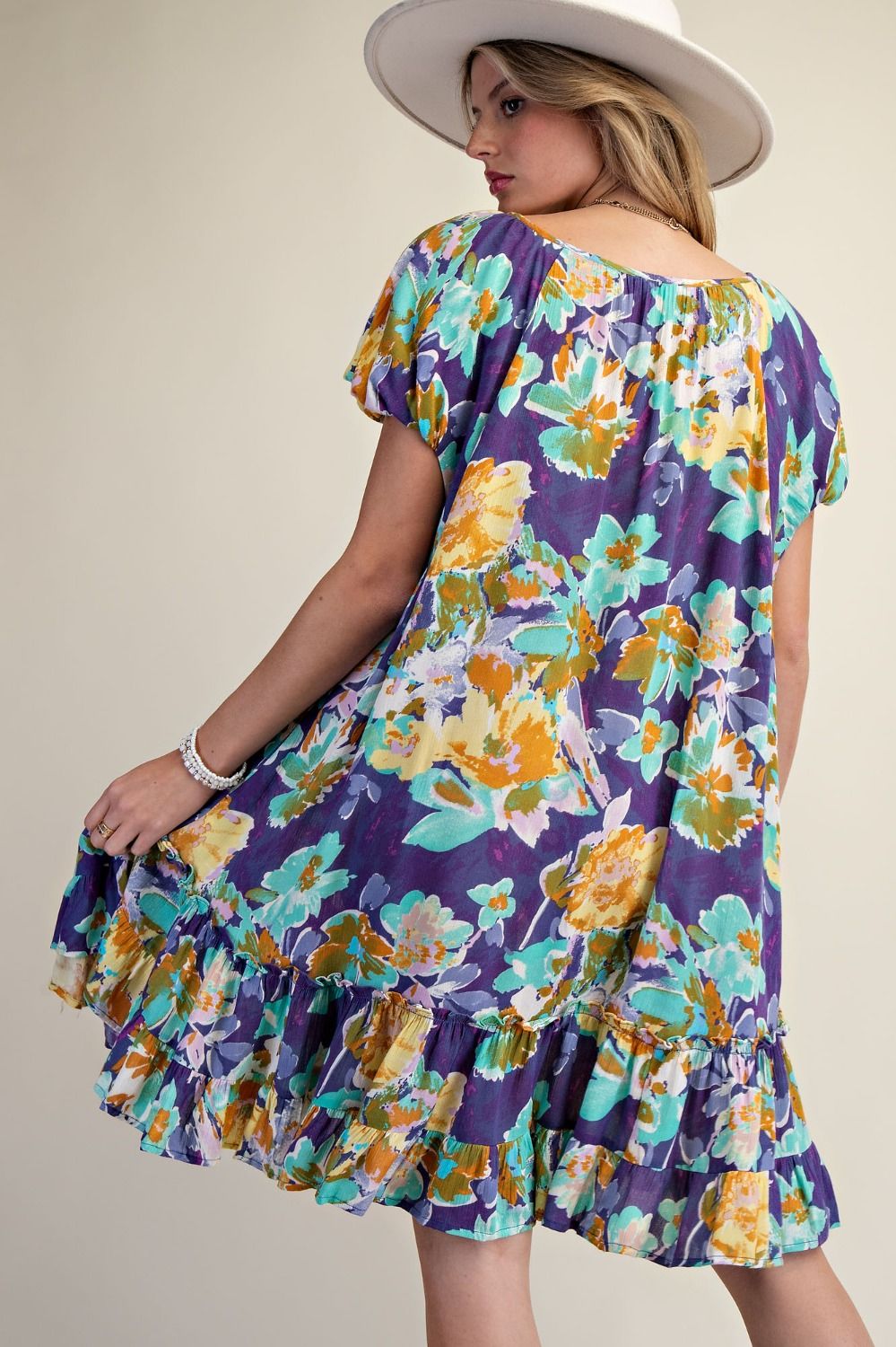 E30 Easel Floral Midnight Blue Rayon Gauze Ruffle Bottom Dress