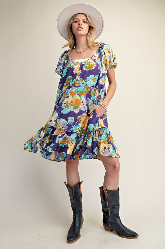 E30 Easel Floral Midnight Blue Rayon Gauze Ruffle Bottom Dress
