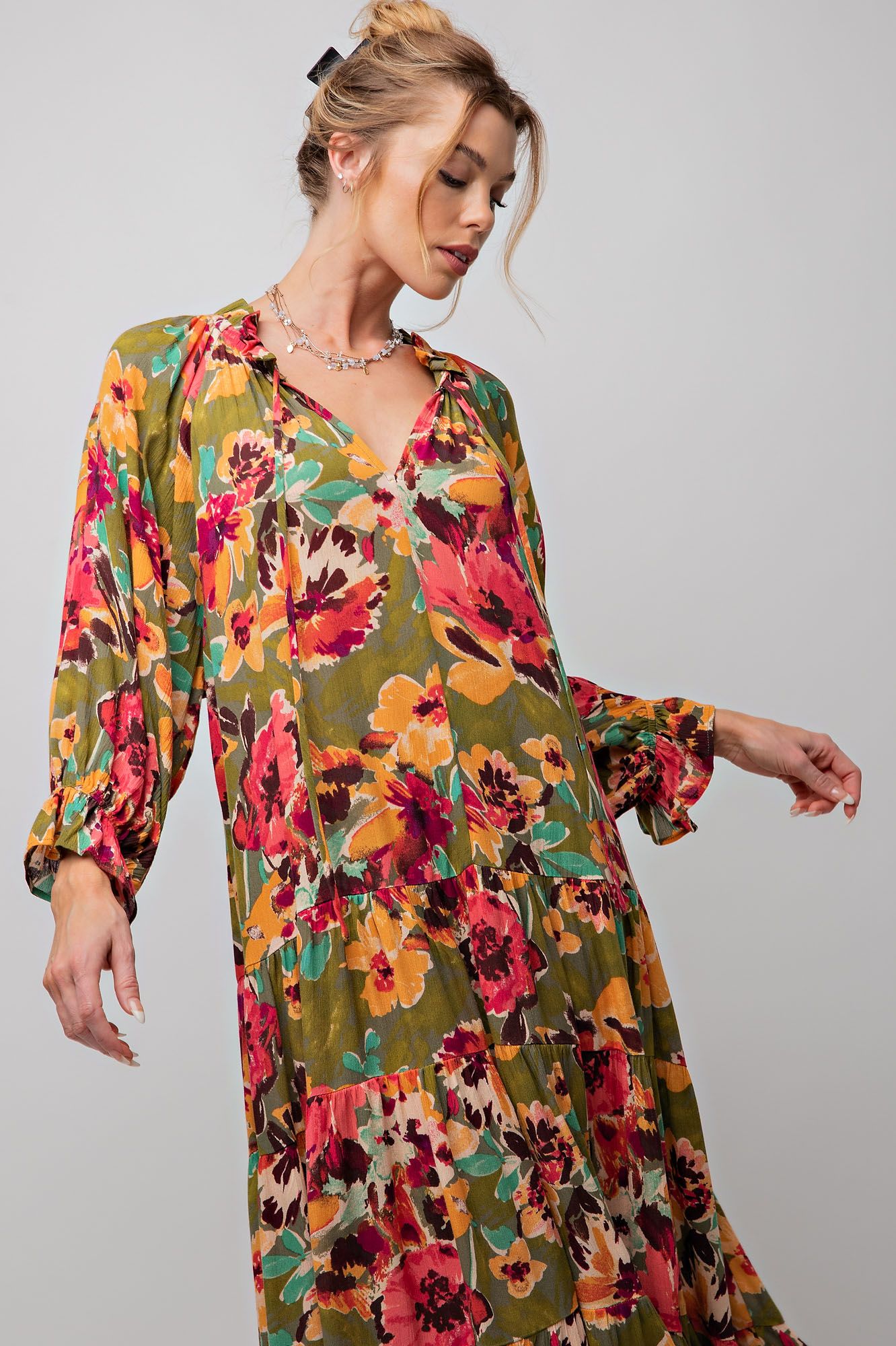 E31 Easel Floral Olive Rose Rayon Maxi Dress