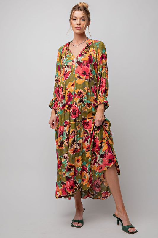 E31 Easel Floral Olive Rose Rayon Maxi Dress