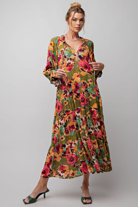 E31 Easel Floral Olive Rose Rayon Maxi Dress