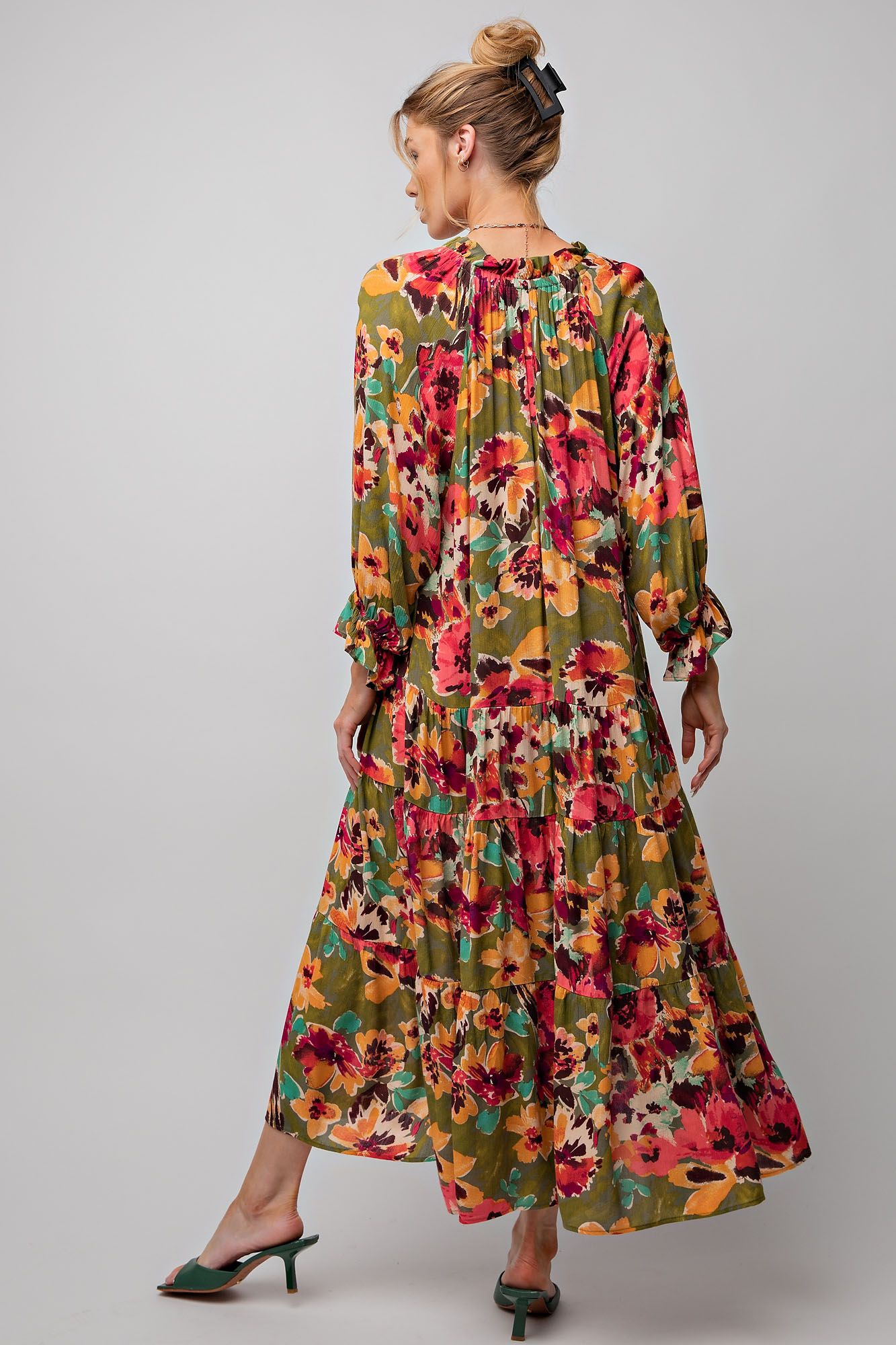 E31 Easel Floral Olive Rose Rayon Maxi Dress