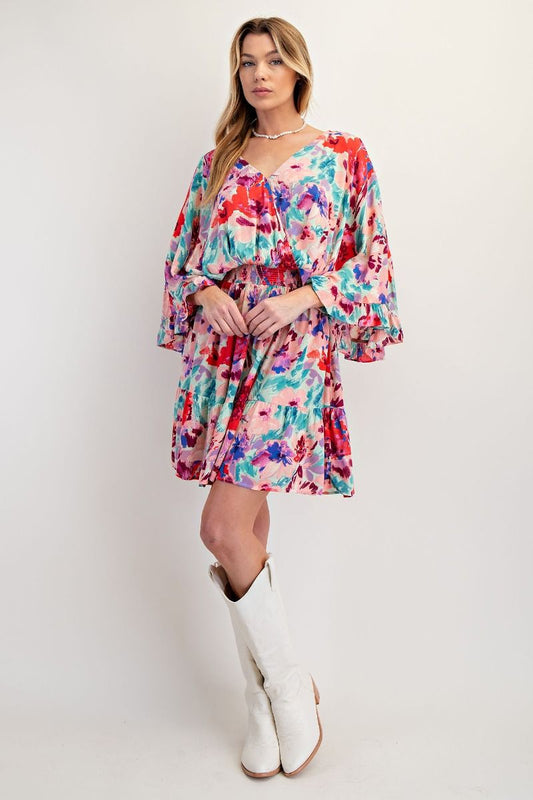 E32 Easel Aqua Coral Floral Rayon Dress