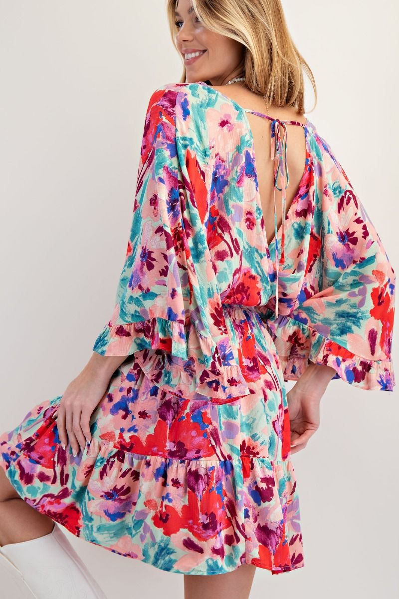 E32 Easel Aqua Coral Floral Rayon Dress