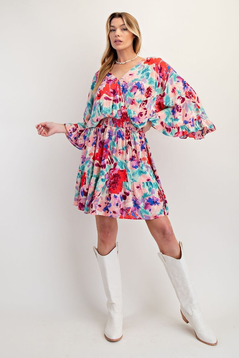 E32 Easel Aqua Coral Floral Rayon Dress
