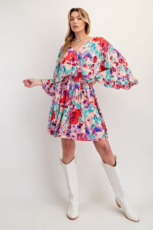 E32 Easel Aqua Coral Floral Rayon Dress