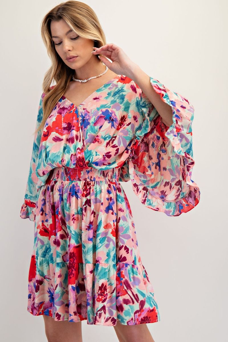 E32 Easel Aqua Coral Floral Rayon Dress