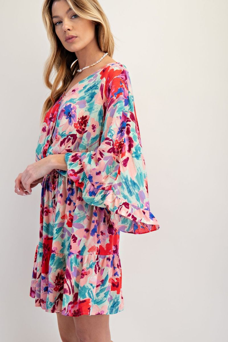 E32 Easel Aqua Coral Floral Rayon Dress