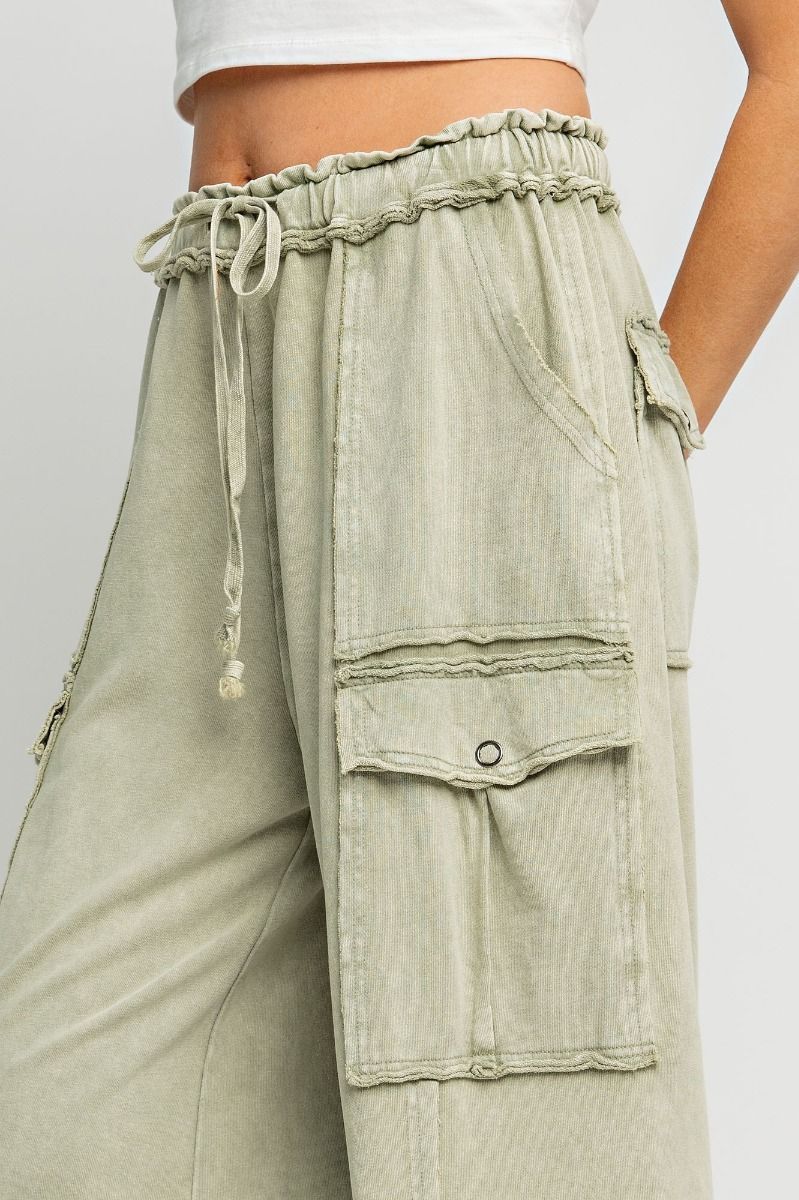 E34 Easel Feeling Good Faded Olive Green Mineral Wash Wide Leg Cargo Pants