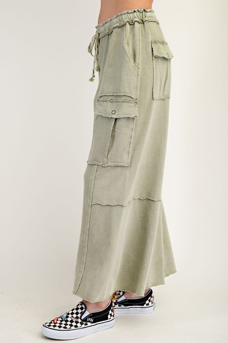 E34 Easel Feeling Good Faded Olive Green Mineral Wash Wide Leg Cargo Pants