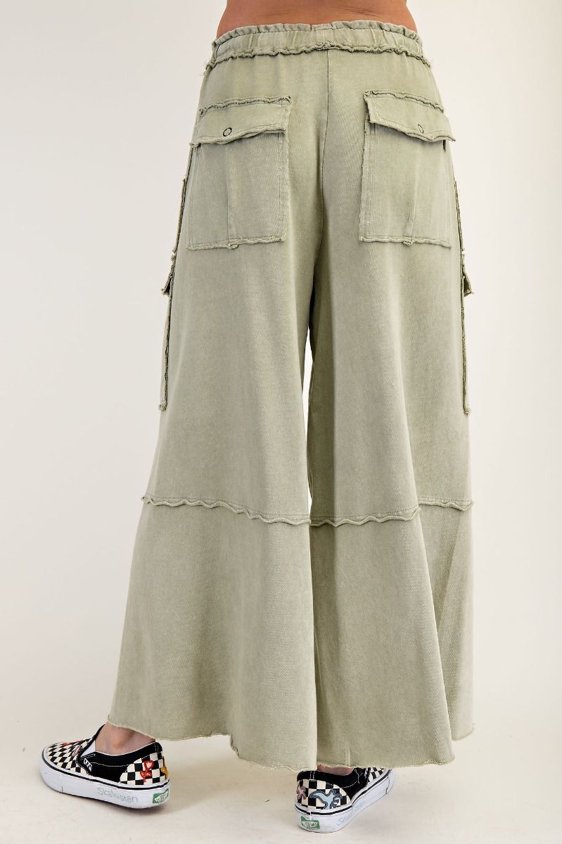 E34 Easel Feeling Good Faded Olive Green Mineral Wash Wide Leg Cargo Pants